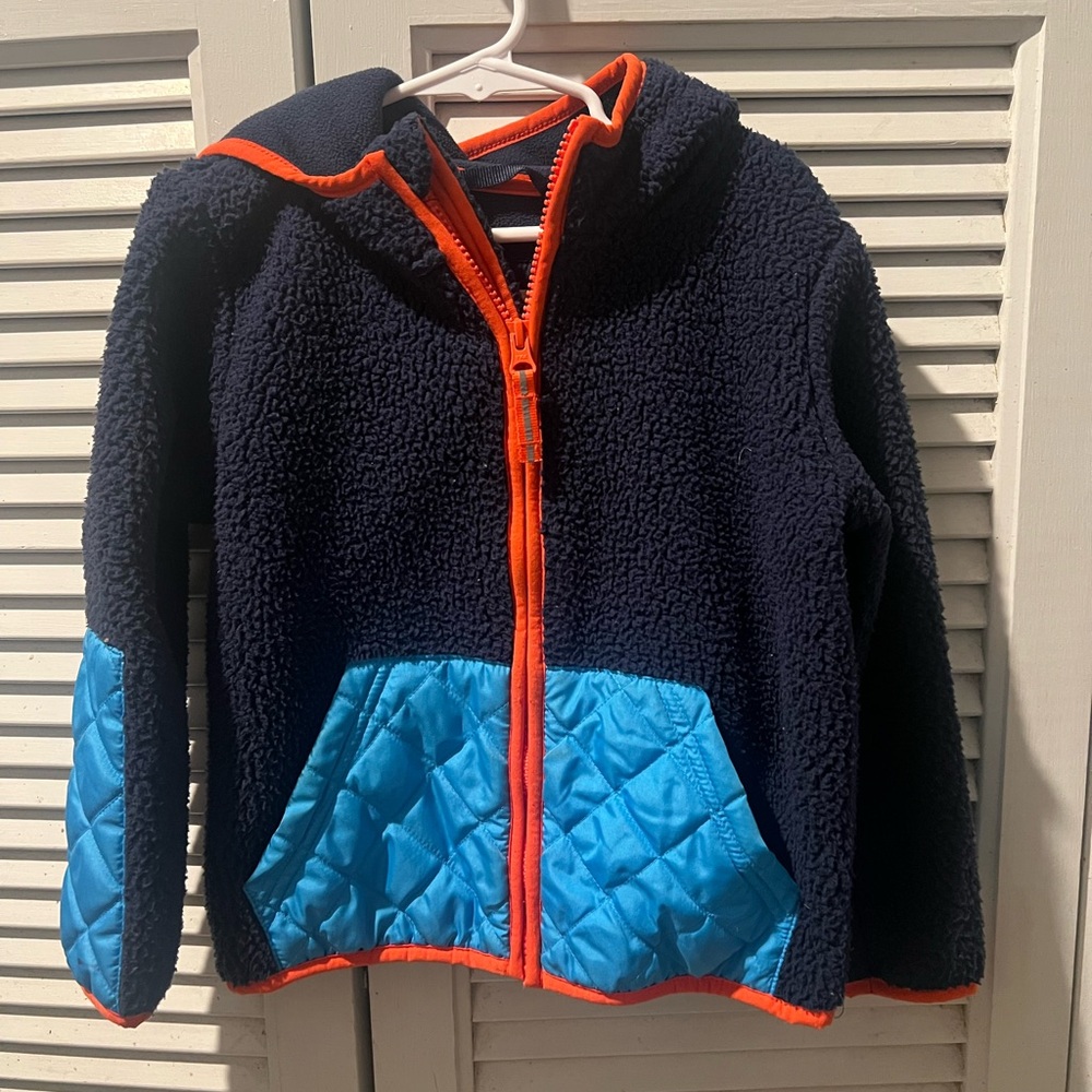 Navy and Orange Fleece Jacket with Blue Accents